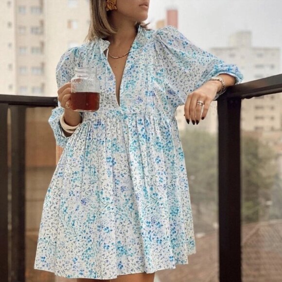 Zara Poplin Voluminous Floral Printed Mini Dress Blogger Favourite Blue Size XL - Picture 1 of 8